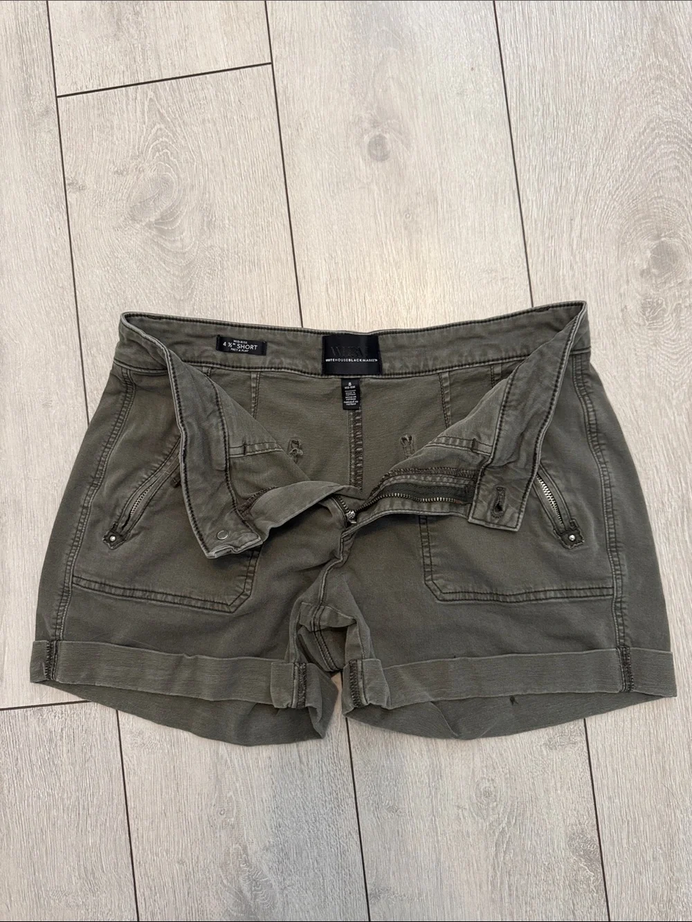White House Black Market Olive Utility Cargo Shorts with Zip Pockets and D-Ring - Picture 4 of 6